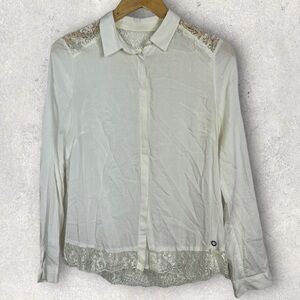 Numph White Lace Button Down Blouse Size 8 or UK 10 Collared Boho Romantic Retro